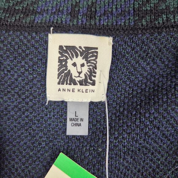NWT Anne Klein Womens Large Plaid Open Front Cardigan Sweater Navy Green - Picture 8 of 12